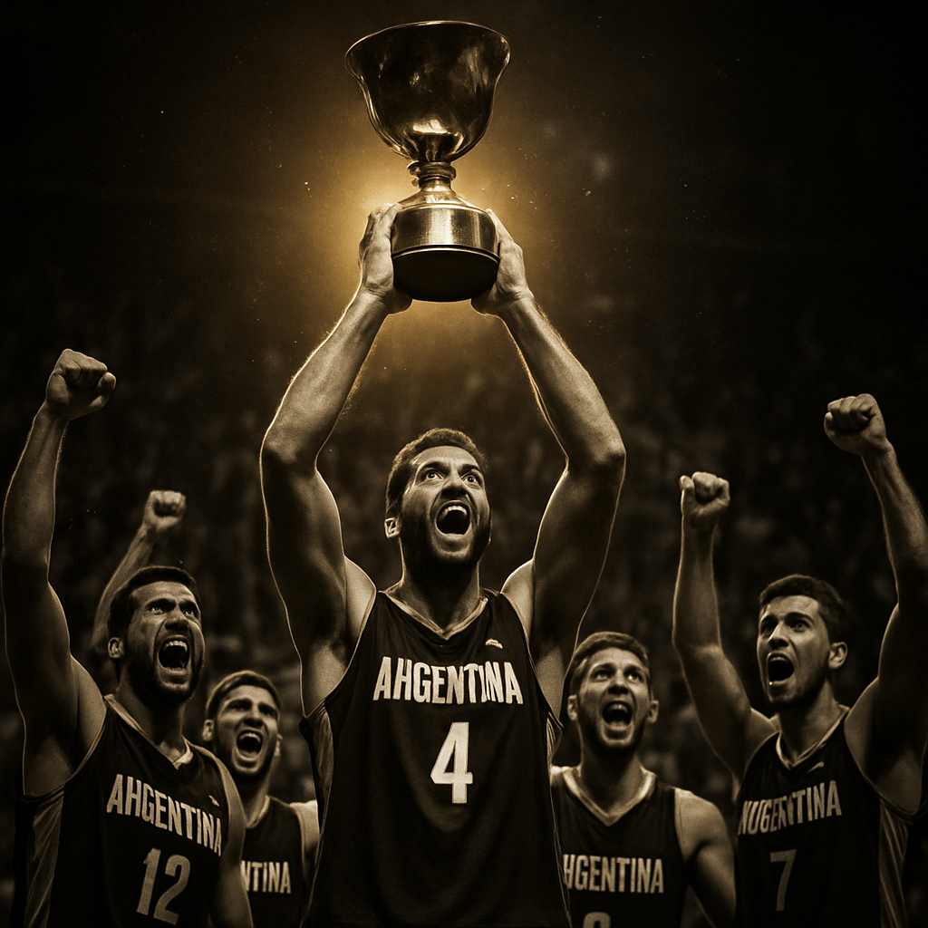 Selección argentina de baloncesto celebrando un logro histórico